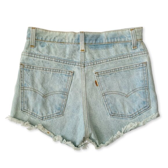 Levis Orange Tab Light Blue High Waisted Jean Shorts Fringe Distressed Boho - Picture 3 of 15